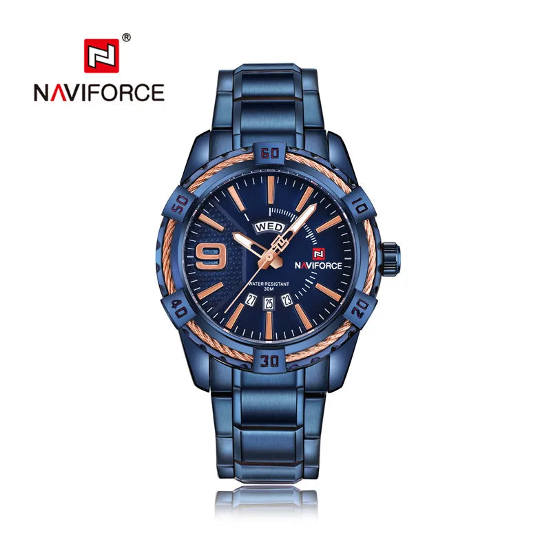 Montre pour homme NAVIFORCE de marque de luxe et de haute qualité : calendrier (date), aiguilles luminescentes ; idéale pour le sport, les activités de plein air, les trajets quotidiens ou comme cadeau.