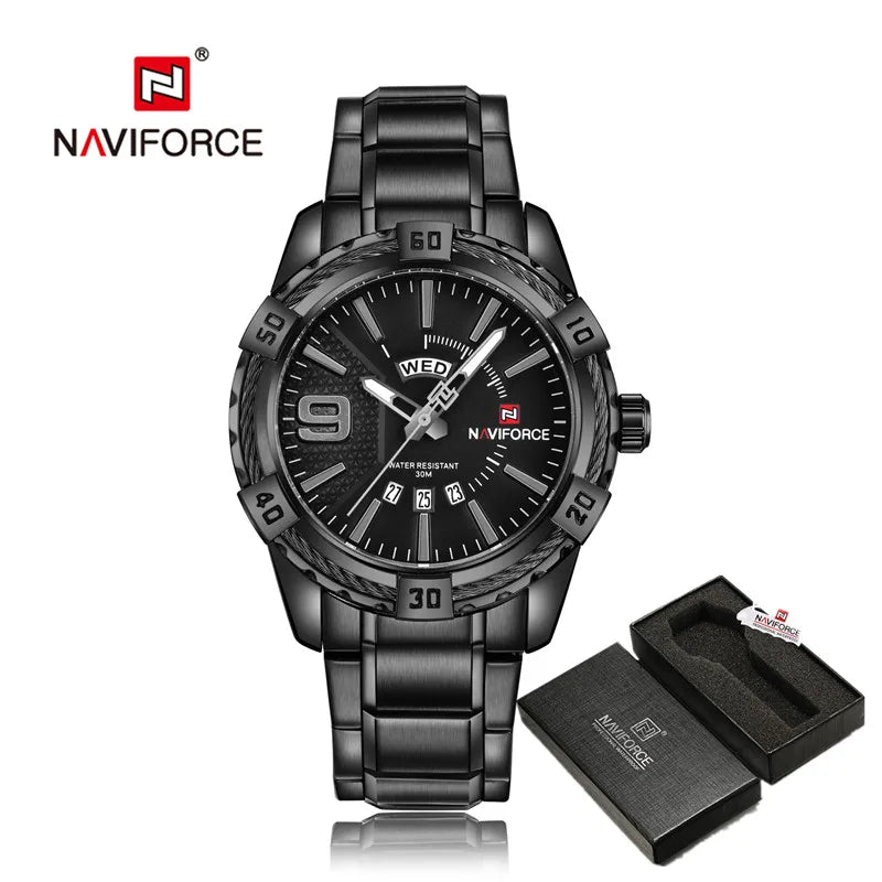 Montre pour homme NAVIFORCE de marque de luxe et de haute qualité : calendrier (date), aiguilles luminescentes ; idéale pour le sport, les activités de plein air, les trajets quotidiens ou comme cadeau.