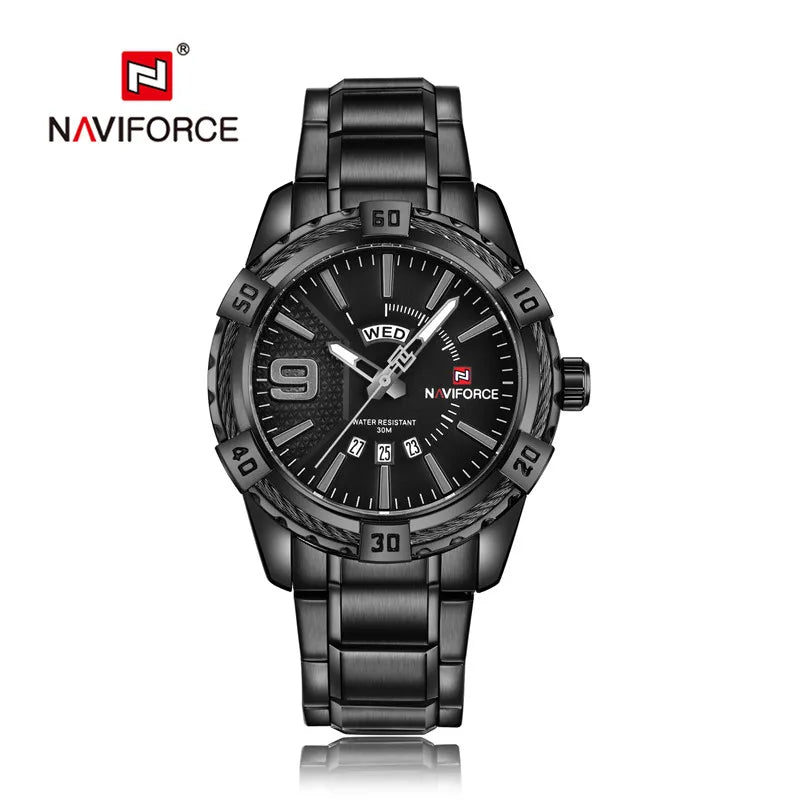 Montre pour homme NAVIFORCE de marque de luxe et de haute qualité : calendrier (date), aiguilles luminescentes ; idéale pour le sport, les activités de plein air, les trajets quotidiens ou comme cadeau.