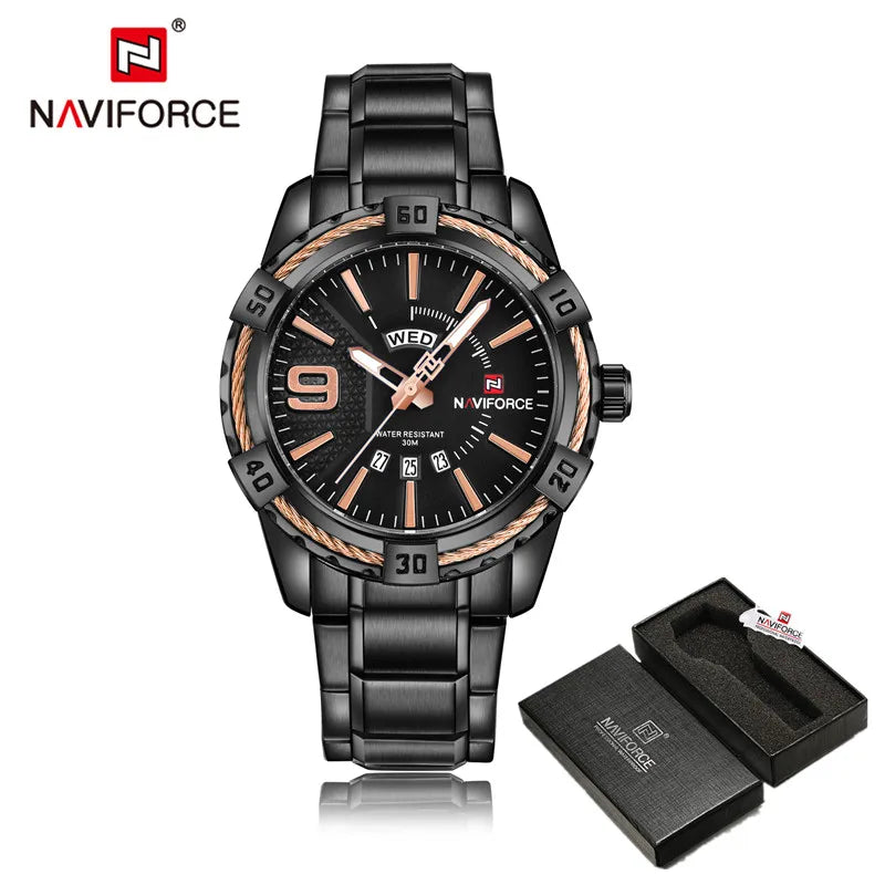 Montre pour homme NAVIFORCE de marque de luxe et de haute qualité : calendrier (date), aiguilles luminescentes ; idéale pour le sport, les activités de plein air, les trajets quotidiens ou comme cadeau.