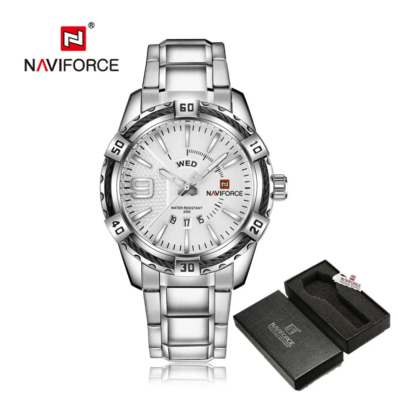 Montre pour homme NAVIFORCE de marque de luxe et de haute qualité : calendrier (date), aiguilles luminescentes ; idéale pour le sport, les activités de plein air, les trajets quotidiens ou comme cadeau.