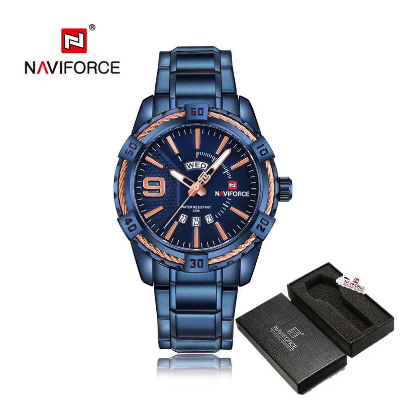 Montre pour homme NAVIFORCE de marque de luxe et de haute qualité : calendrier (date), aiguilles luminescentes ; idéale pour le sport, les activités de plein air, les trajets quotidiens ou comme cadeau.