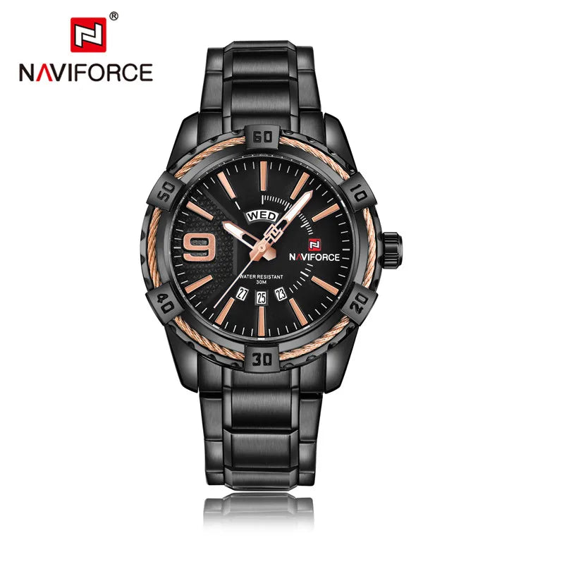 Montre pour homme NAVIFORCE de marque de luxe et de haute qualité : calendrier (date), aiguilles luminescentes ; idéale pour le sport, les activités de plein air, les trajets quotidiens ou comme cadeau.