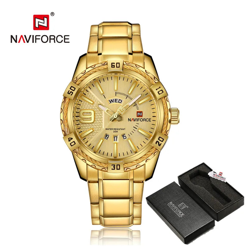 Montre pour homme NAVIFORCE de marque de luxe et de haute qualité : calendrier (date), aiguilles luminescentes ; idéale pour le sport, les activités de plein air, les trajets quotidiens ou comme cadeau.
