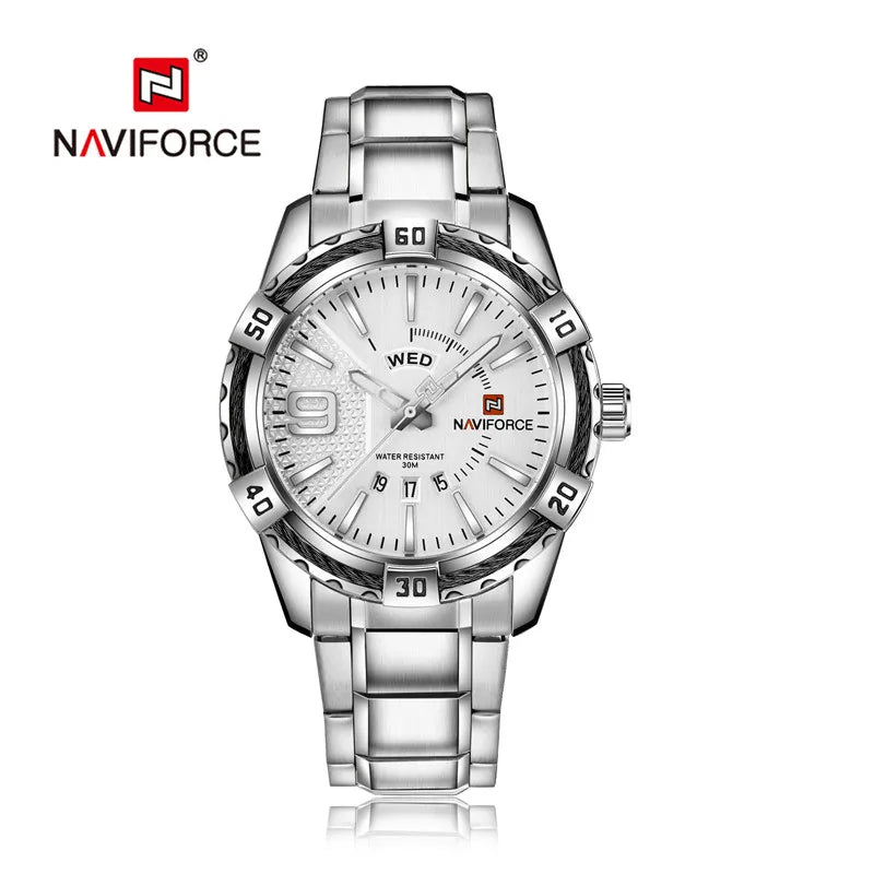 Montre pour homme NAVIFORCE de marque de luxe et de haute qualité : calendrier (date), aiguilles luminescentes ; idéale pour le sport, les activités de plein air, les trajets quotidiens ou comme cadeau.