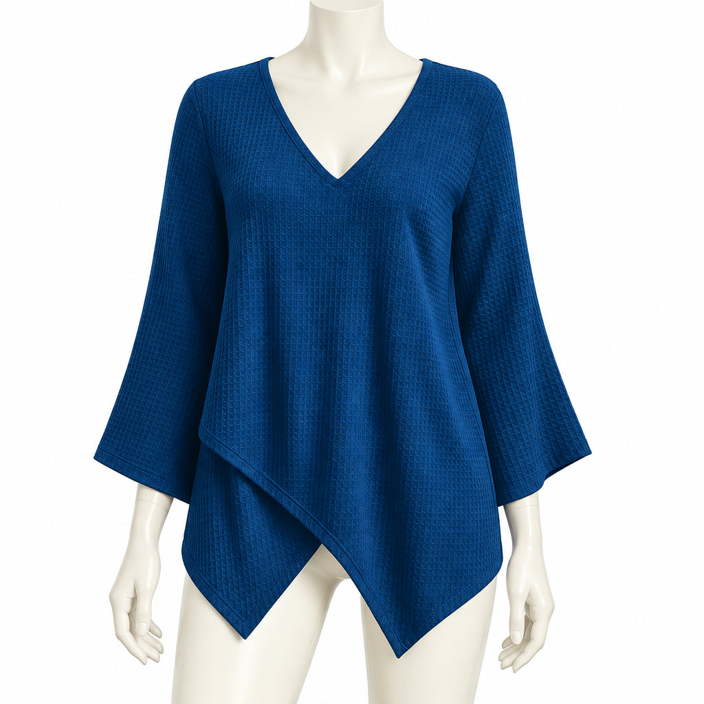 Elegant V Neck Long Sleeve Women T-Shirts Solid Color Irregular Loose Pullover Lady Tops Female Oversized Shirt Blue
