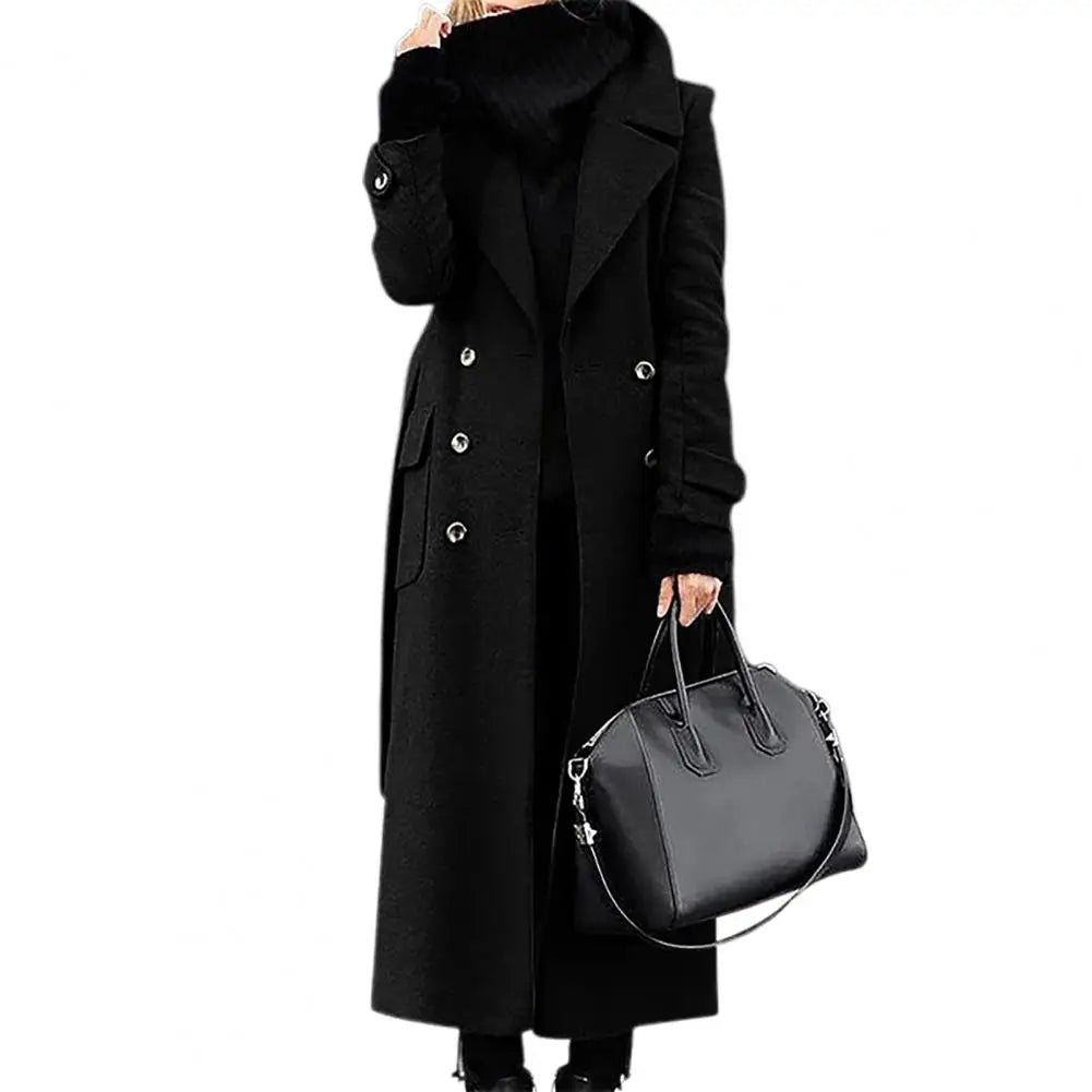 Manteau long en laine pour femme, style cardigan croisé, longueur mi-mollet, manches longues, coupe ajustée, idéal pour le bureau ou les occasions formelles.