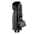 Manteau long en laine pour femme, style cardigan croisé, longueur mi-mollet, manches longues, coupe ajustée, idéal pour le bureau ou les occasions formelles.