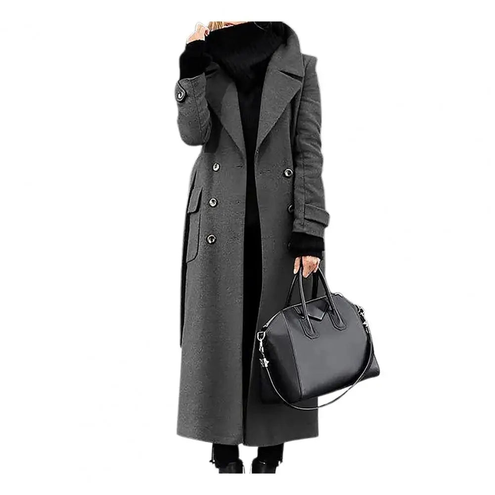 Manteau long en laine pour femme, style cardigan croisé, longueur mi-mollet, manches longues, coupe ajustée, idéal pour le bureau ou les occasions formelles.