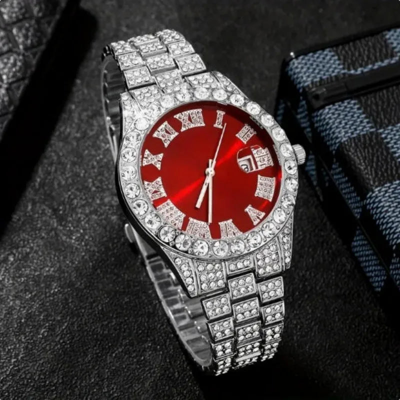 Montre-bracelet pour homme style luxe et hip-hop : cadran à chiffres romains, affichage de la date entouré de strass, mouvement à quartz (style business).
