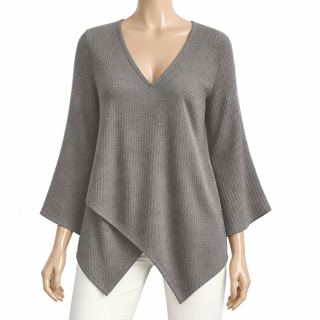 Elegant V Neck Long Sleeve Women T-Shirts Solid Color Irregular Loose Pullover Lady Tops Female Oversized Shirt Blue