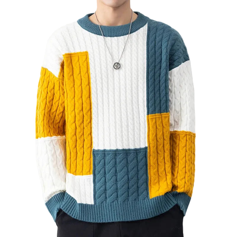 Nouveau pull ample pour homme style streetwear – Patchwork, maille chaude, coupe décontractée (Printemps/Hiver)