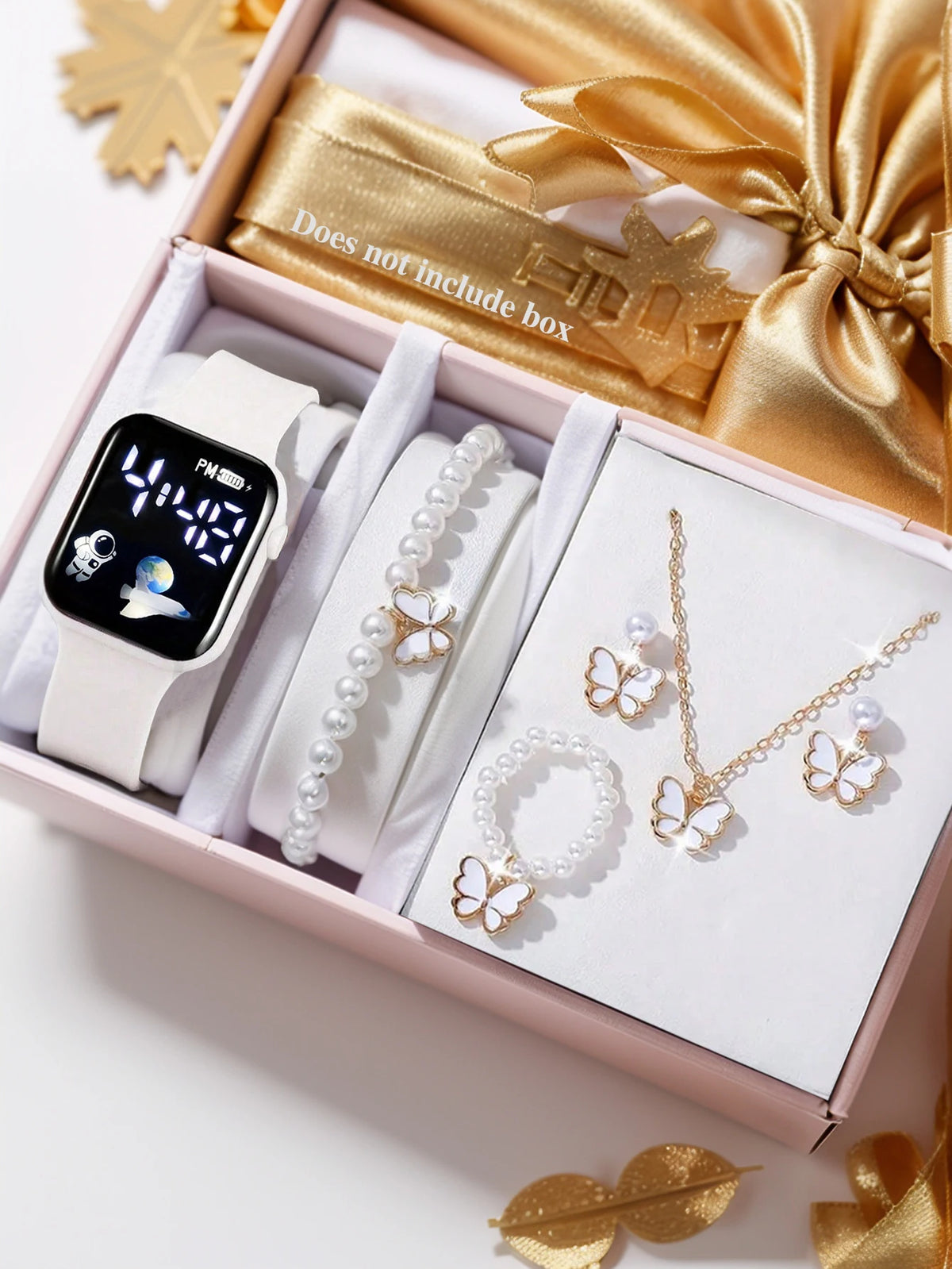 Ensemble montre électronique carrée avec motif papillon en perles et motif vaisseau spatial (montre non connectée) – Cadeau d'anniversaire (sans boîte)