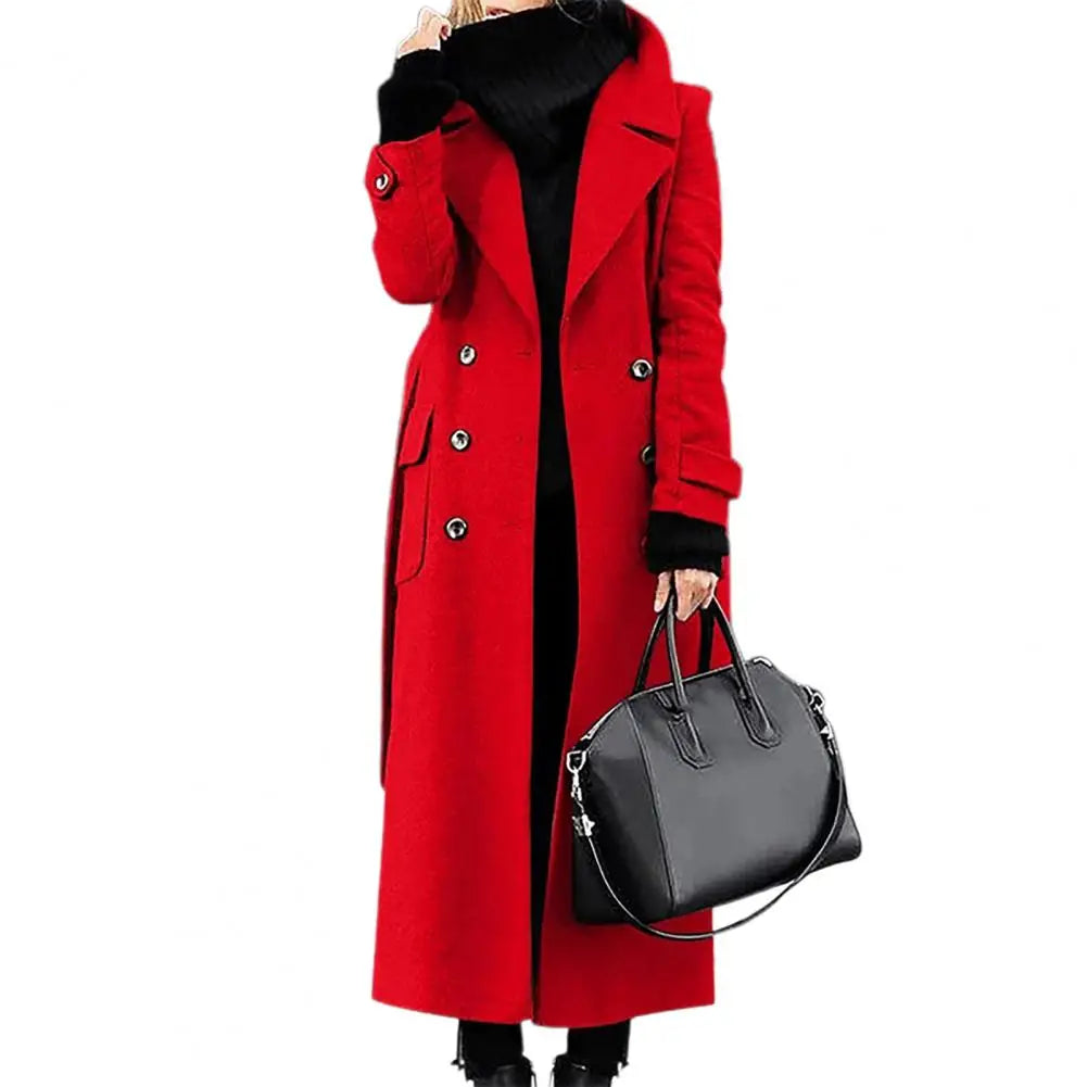 Manteau long en laine pour femme, style cardigan croisé, longueur mi-mollet, manches longues, coupe ajustée, idéal pour le bureau ou les occasions formelles.