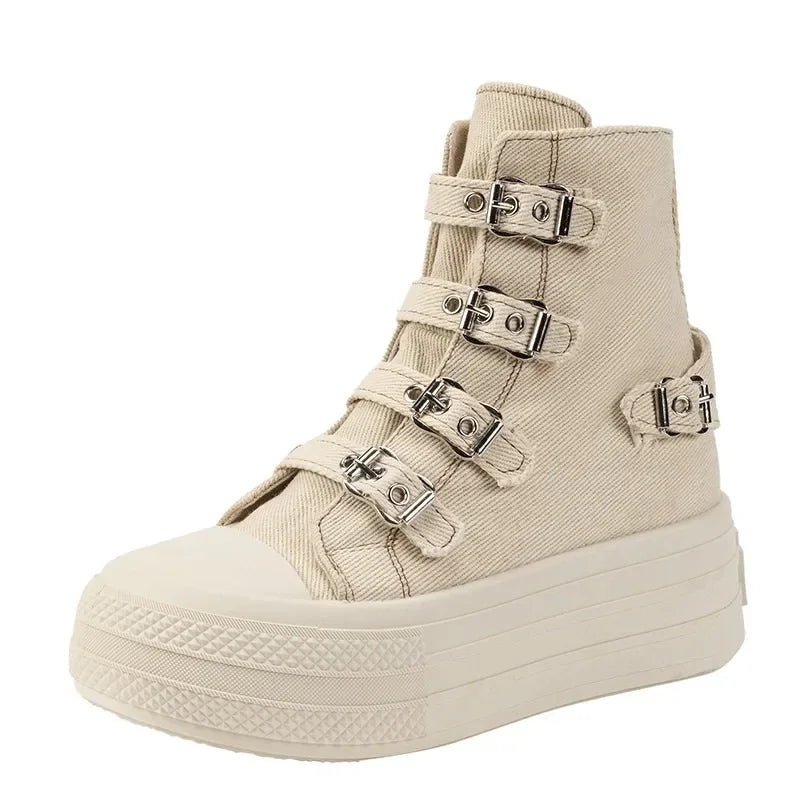 Baskets compensées (8 cm) en toile pour femme – Nouvelle collection mode Printemps-Automne 2024 – Style décontracté, semelle épaisse et respirante