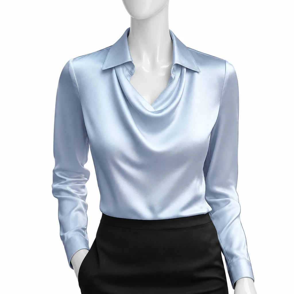 Elegant Women's Satin Shirt Blouse New Print V-neck Swing Neck Long-sleeved Solid Color Loose Shirt Casual Top Office Ladies