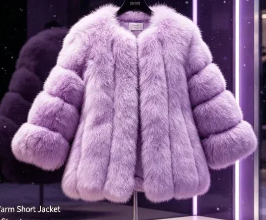 Veste courte et élégante en fausse fourrure pour femme (automne) : couleur unie, coupe oversize, manches longues bouffantes ; un modèle coupe-vent, léger et chaud, idéal pour les trajets quotidiens, les promenades en ville et les rendez-vous au café.