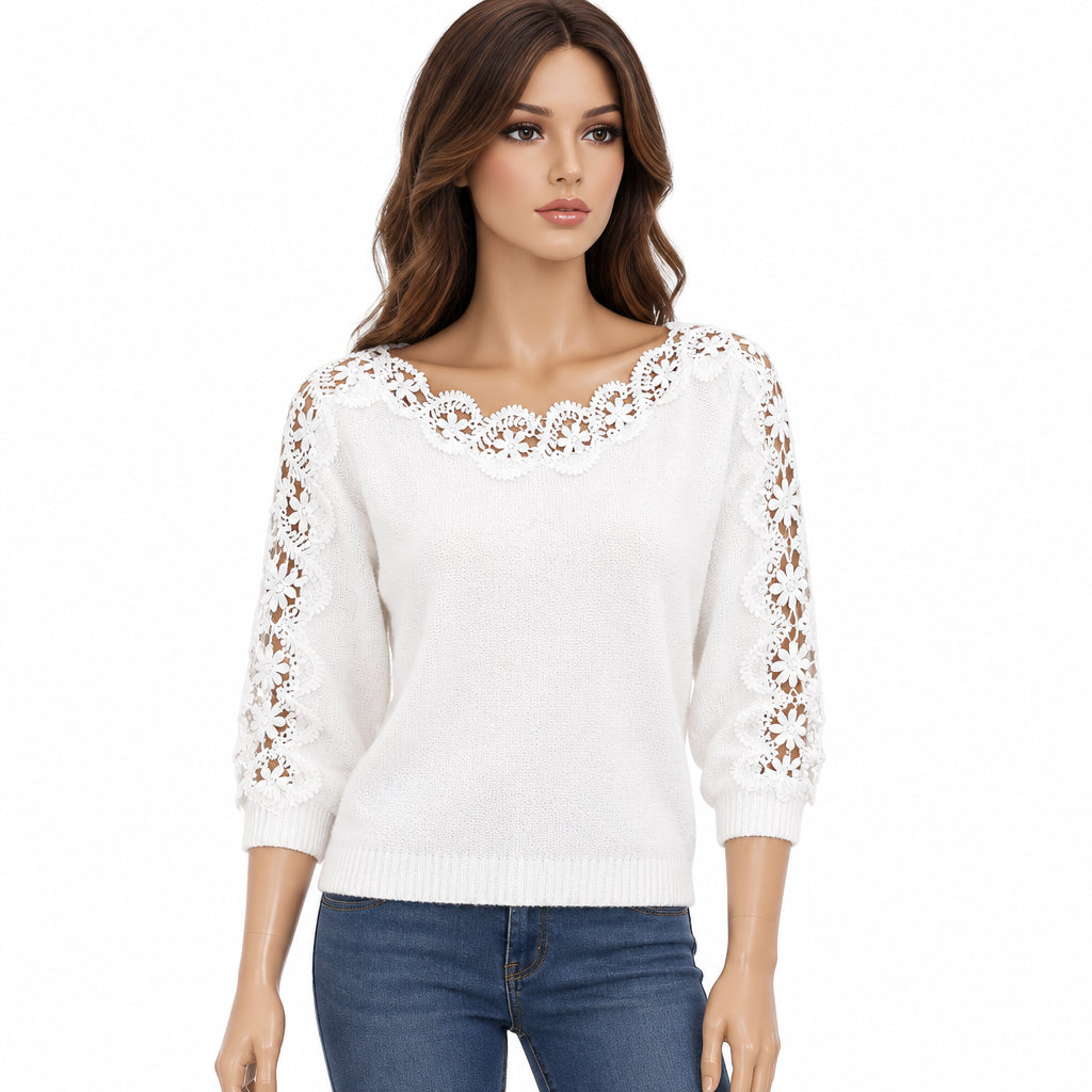 Pull-over sexy en maille pour femme, manches longues, en dentelle, coupe élégante, couleur unie, idéal pour l'automne-hiver, matière légèrement extensible.