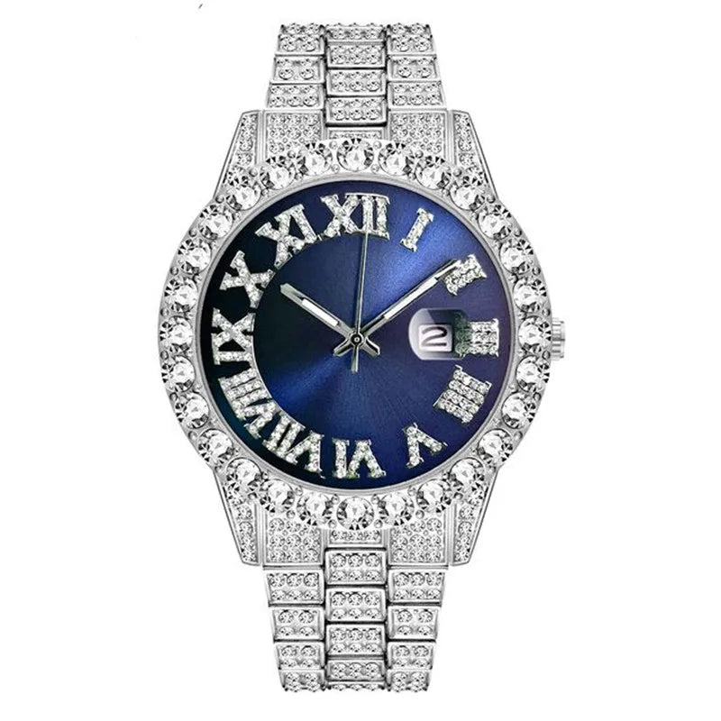 Montre-bracelet pour homme style luxe et hip-hop : cadran à chiffres romains, affichage de la date entouré de strass, mouvement à quartz (style business).