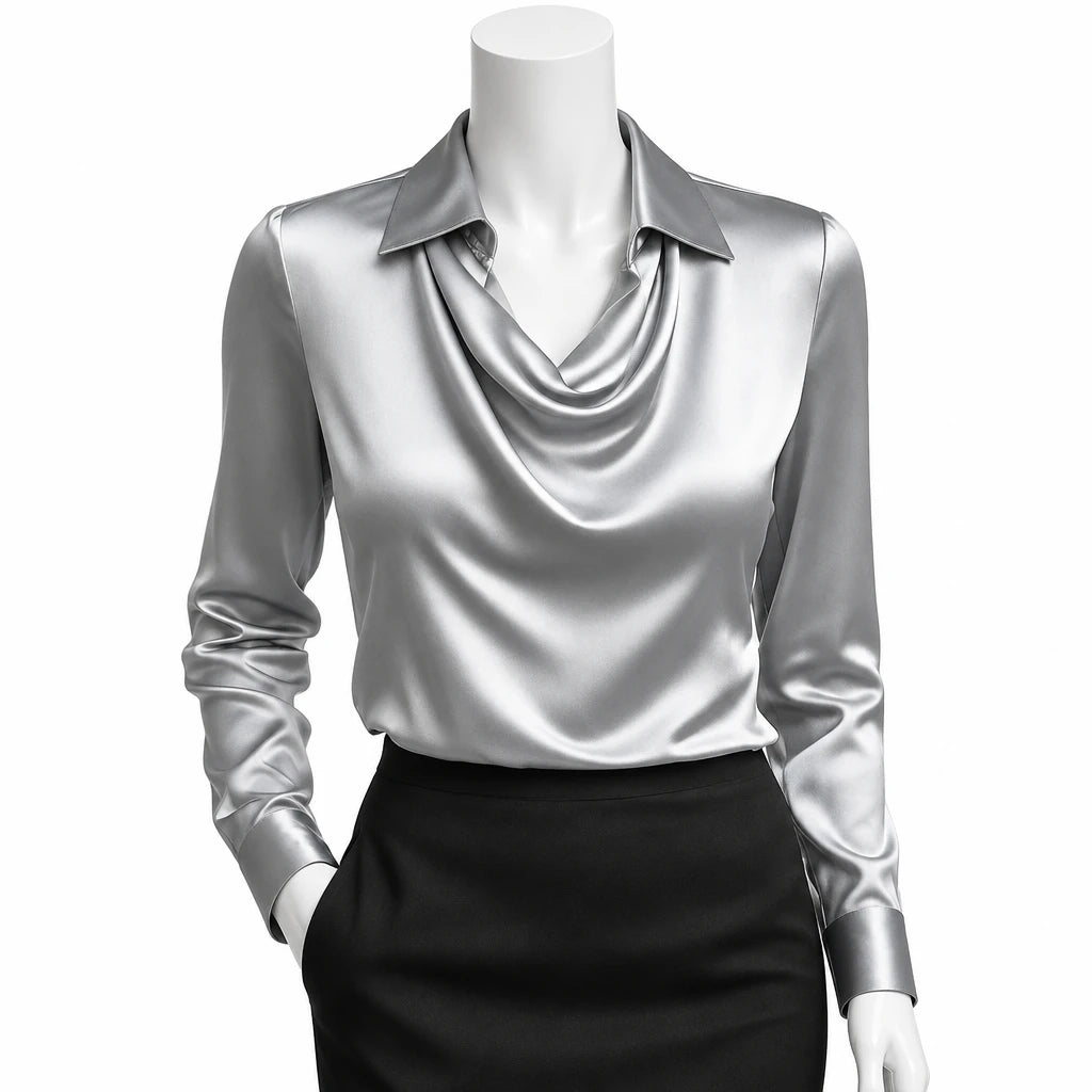 Elegant Women's Satin Shirt Blouse New Print V-neck Swing Neck Long-sleeved Solid Color Loose Shirt Casual Top Office Ladies