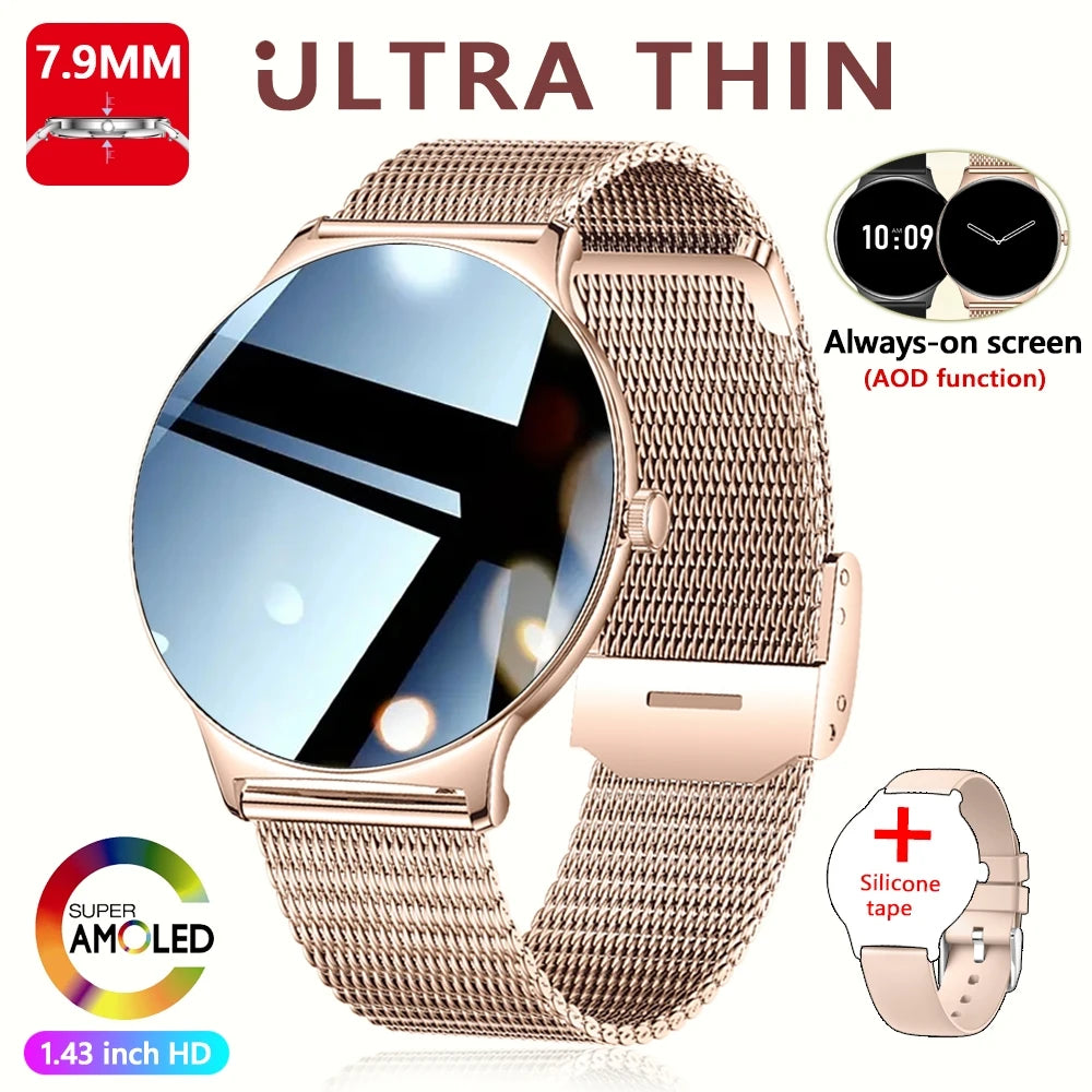 Nouvelle montre connectée pour femme 2026 – Ultra-fine (7,9 mm), suivi de la santé, écran « Always-On », plus de 100 modes sportifs et appels Bluetooth.