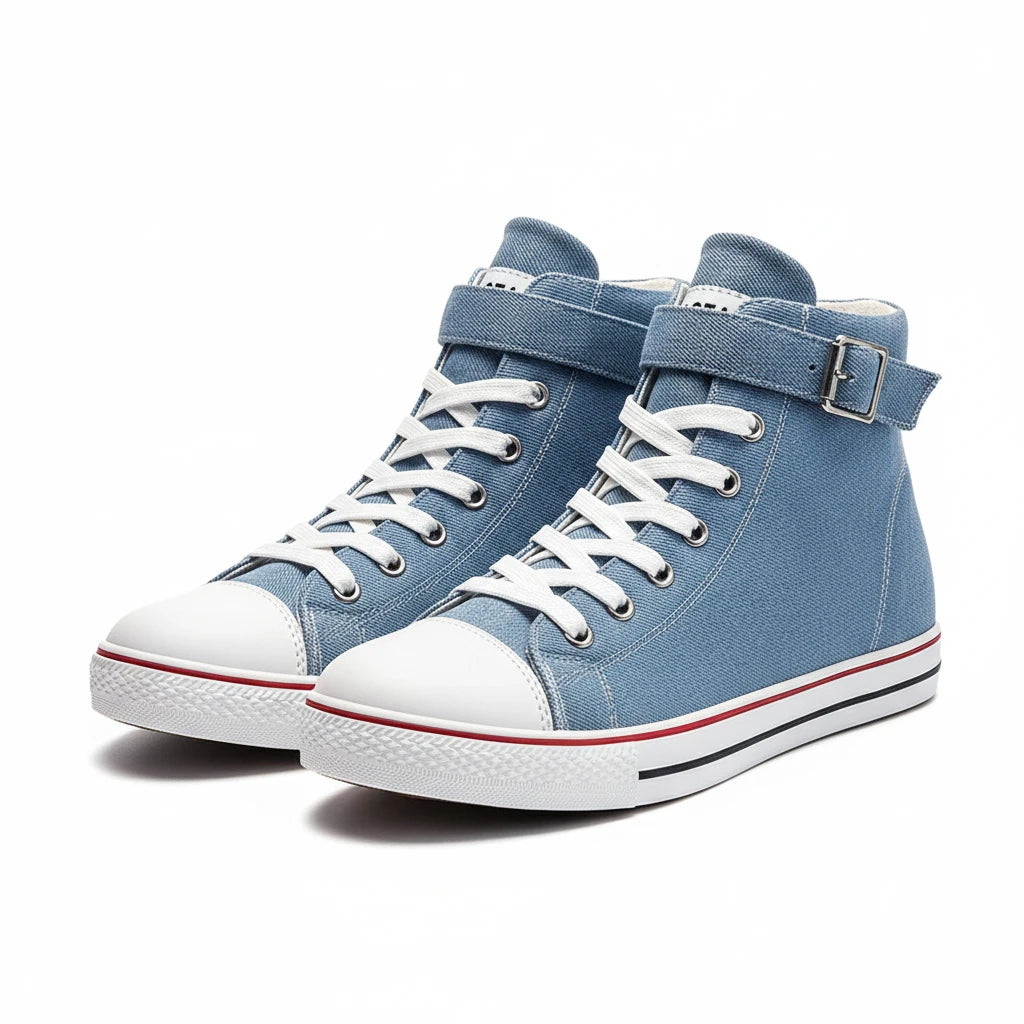 Baskets montantes compensées en toile et jean pour femme – Modèle à lacets, talon de 8 cm