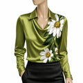 Elegant Women's Satin Shirt Blouse New Print V-neck Swing Neck Long-sleeved Solid Color Loose Shirt Casual Top Office Ladies