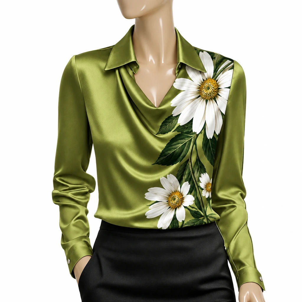 Elegant Women's Satin Shirt Blouse New Print V-neck Swing Neck Long-sleeved Solid Color Loose Shirt Casual Top Office Ladies