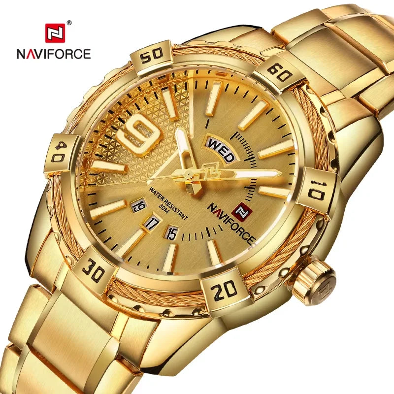 Montre pour homme NAVIFORCE de marque de luxe et de haute qualité : calendrier (date), aiguilles luminescentes ; idéale pour le sport, les activités de plein air, les trajets quotidiens ou comme cadeau.