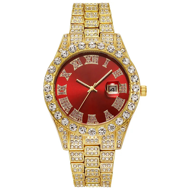 Montre-bracelet pour homme style luxe et hip-hop : cadran à chiffres romains, affichage de la date entouré de strass, mouvement à quartz (style business).