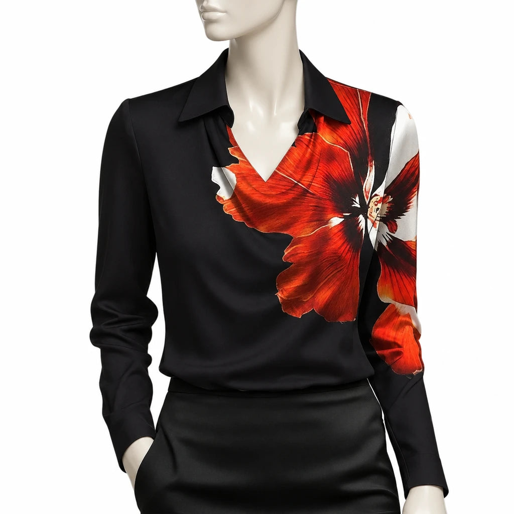 Elegant Women's Satin Shirt Blouse New Print V-neck Swing Neck Long-sleeved Solid Color Loose Shirt Casual Top Office Ladies