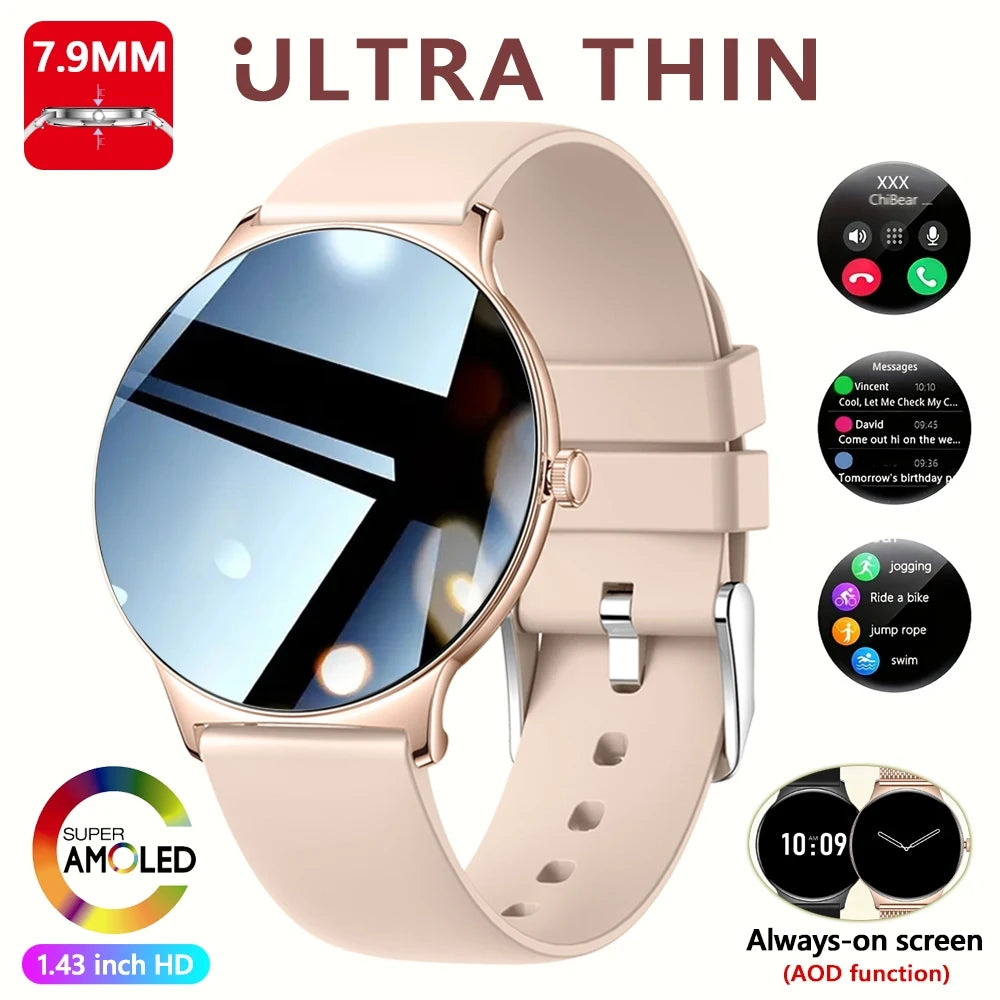 Nouvelle montre connectée pour femme 2026 – Ultra-fine (7,9 mm), suivi de la santé, écran « Always-On », plus de 100 modes sportifs et appels Bluetooth.