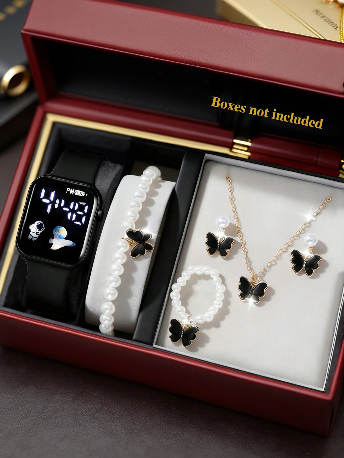 Ensemble montre électronique carrée avec motif papillon en perles et motif vaisseau spatial (montre non connectée) – Cadeau d'anniversaire (sans boîte)
