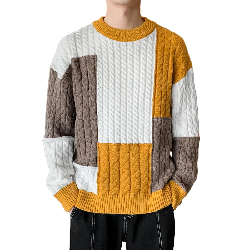 Nouveau pull ample pour homme style streetwear – Patchwork, maille chaude, coupe décontractée (Printemps/Hiver)