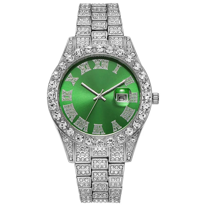 Montre-bracelet pour homme style luxe et hip-hop : cadran à chiffres romains, affichage de la date entouré de strass, mouvement à quartz (style business).