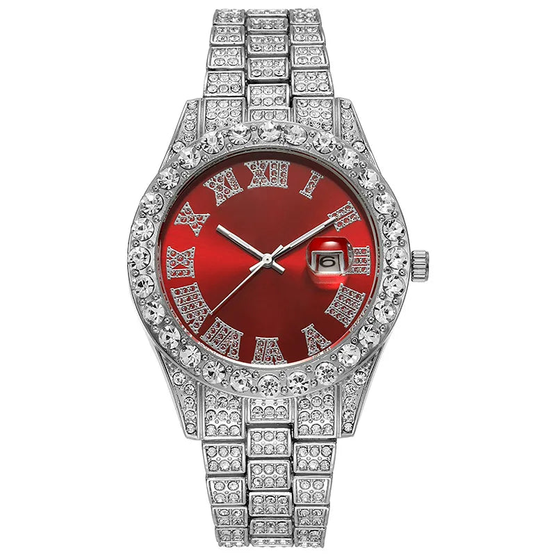 Montre-bracelet pour homme style luxe et hip-hop : cadran à chiffres romains, affichage de la date entouré de strass, mouvement à quartz (style business).