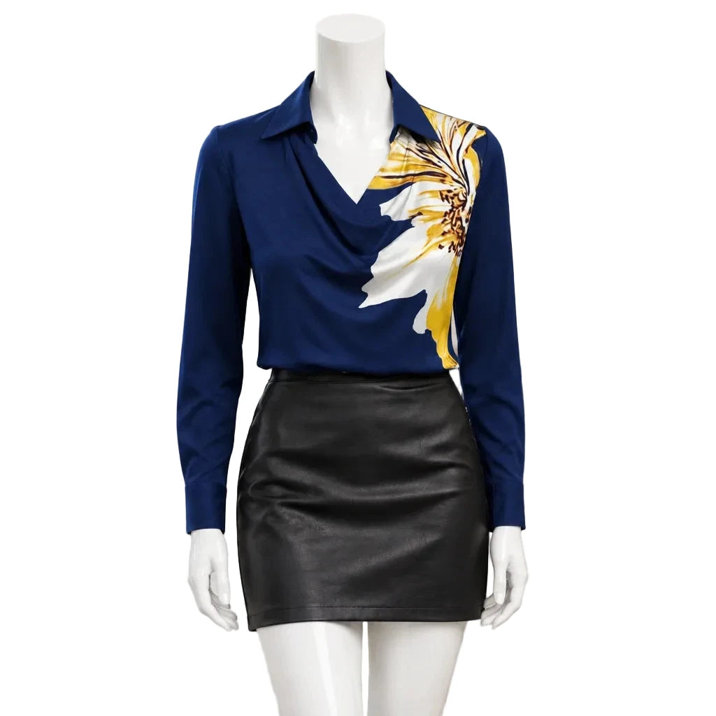 Elegant Women's Satin Shirt Blouse New Print V-neck Swing Neck Long-sleeved Solid Color Loose Shirt Casual Top Office Ladies