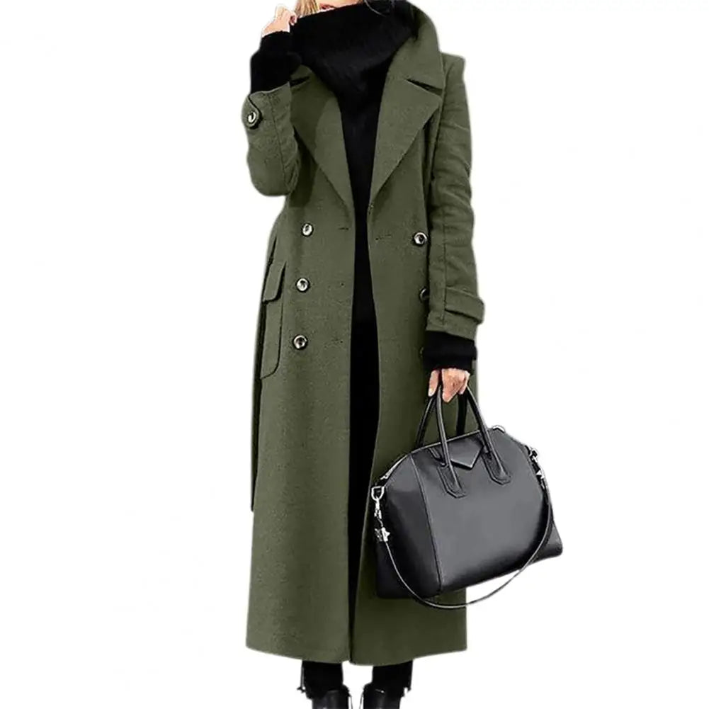 Manteau long en laine pour femme, style cardigan croisé, longueur mi-mollet, manches longues, coupe ajustée, idéal pour le bureau ou les occasions formelles.