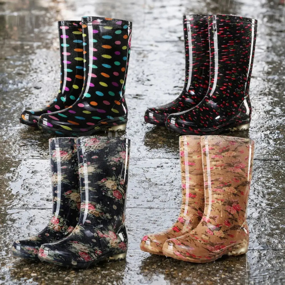 Bottes de pluie hautes pour femmes avec semelle antidérapante – Motif floral et pois
