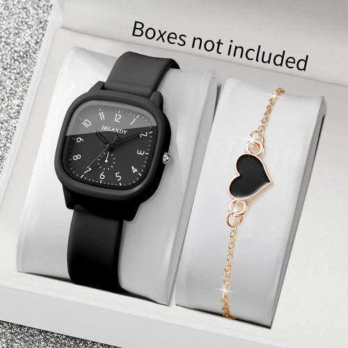 2PCS Fashion Arabic Dial Women Quartz Watch Heart Bracelet Set Square Silicone Strap Wristwatches Reloj Mujer (Without Box)
