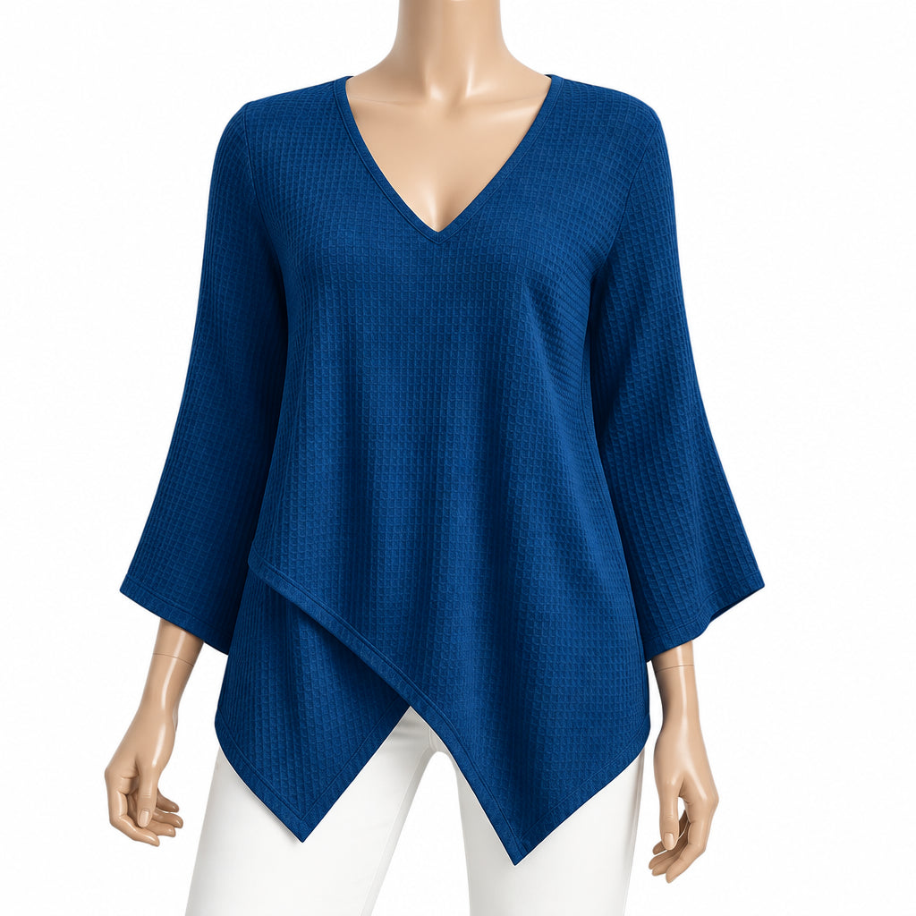 Elegant V Neck Long Sleeve Women T-Shirts Solid Color Irregular Loose Pullover Lady Tops Female Oversized Shirt Blue