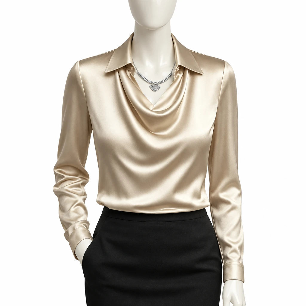 Elegant Women's Satin Shirt Blouse New Print V-neck Swing Neck Long-sleeved Solid Color Loose Shirt Casual Top Office Ladies
