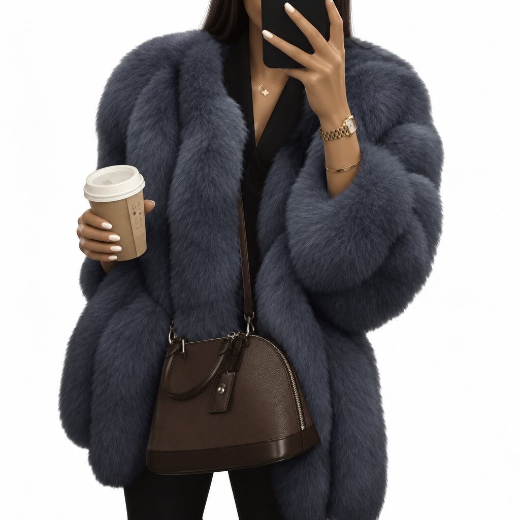 Veste courte et élégante en fausse fourrure pour femme (automne) : couleur unie, coupe oversize, manches longues bouffantes ; un modèle coupe-vent, léger et chaud, idéal pour les trajets quotidiens, les promenades en ville et les rendez-vous au café.