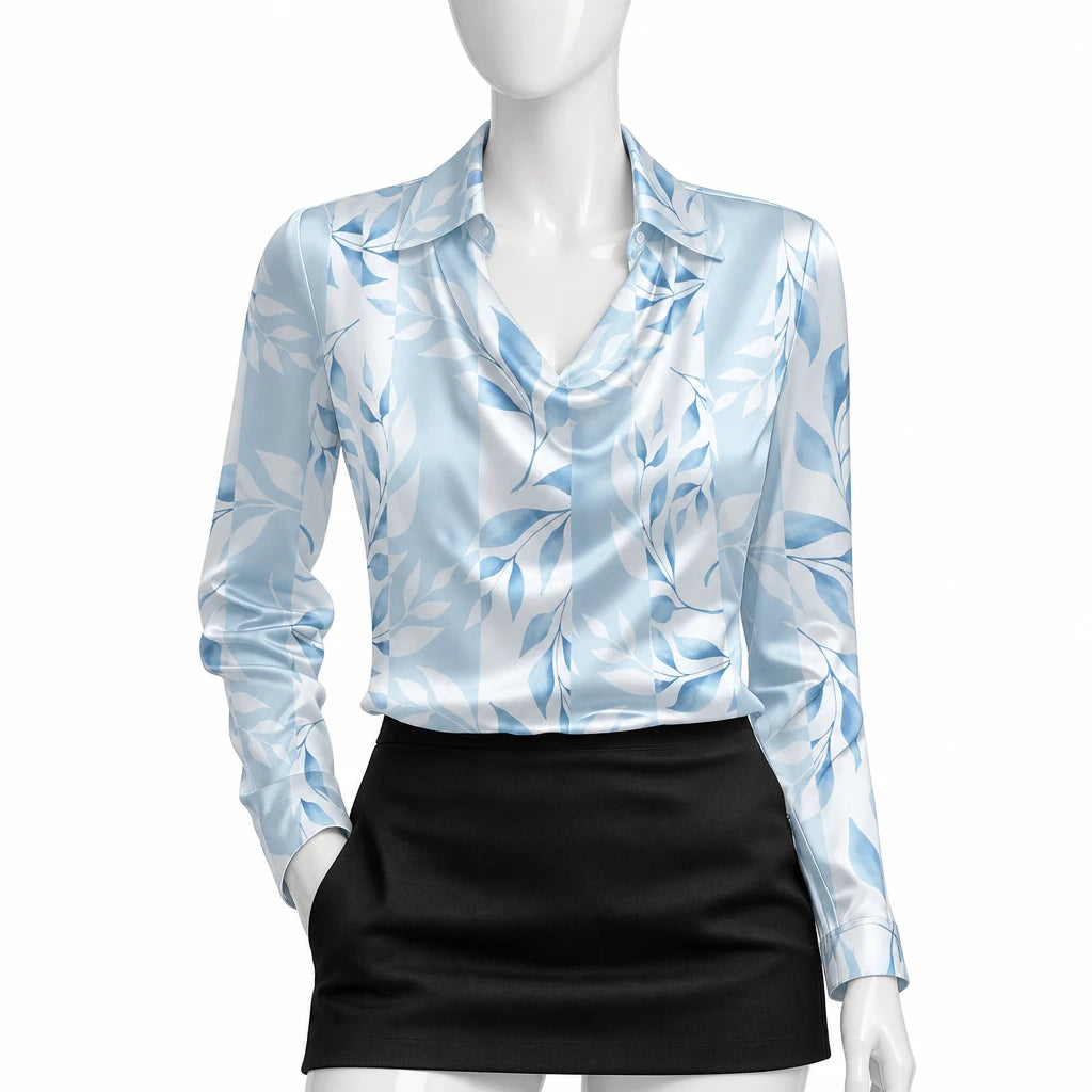 Elegant Women's Satin Shirt Blouse New Print V-neck Swing Neck Long-sleeved Solid Color Loose Shirt Casual Top Office Ladies