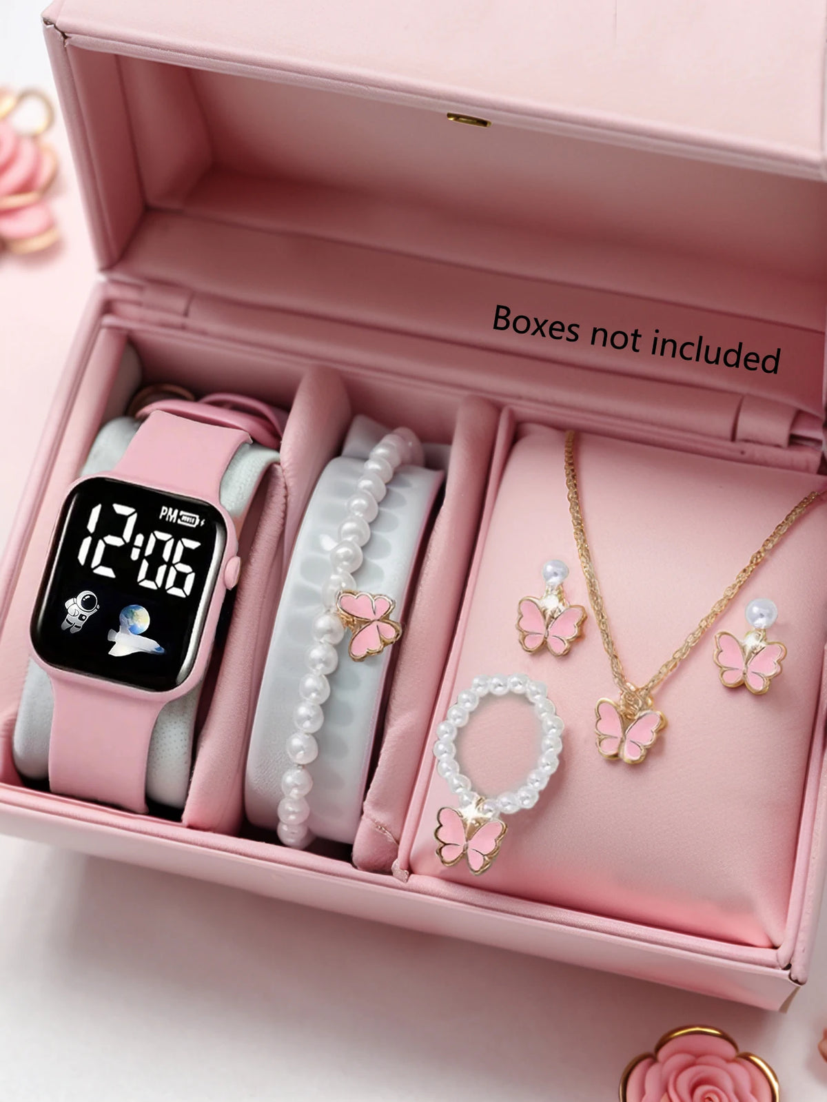 Ensemble montre électronique carrée avec motif papillon en perles et motif vaisseau spatial (montre non connectée) – Cadeau d'anniversaire (sans boîte)