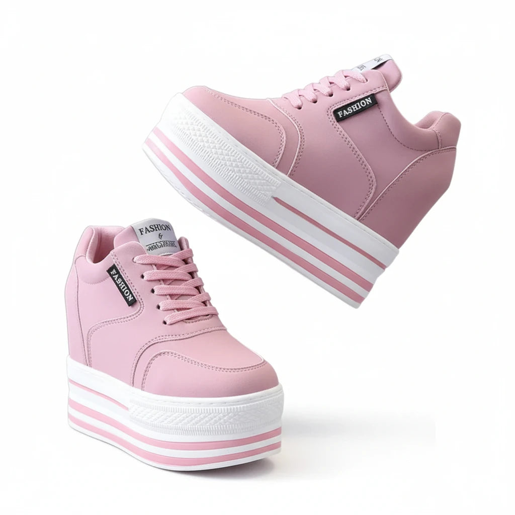 Baskets de luxe pour femme à semelles épaisses et talons compensés – Chaussures décontractées rehaussantes pour le printemps