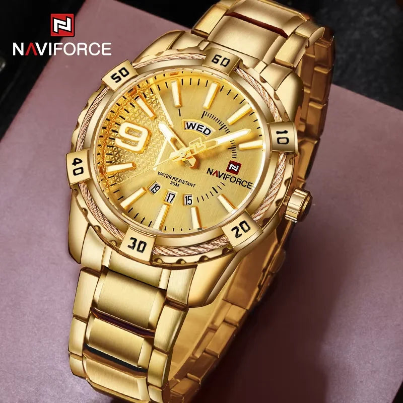 Montre pour homme NAVIFORCE de marque de luxe et de haute qualité : calendrier (date), aiguilles luminescentes ; idéale pour le sport, les activités de plein air, les trajets quotidiens ou comme cadeau.