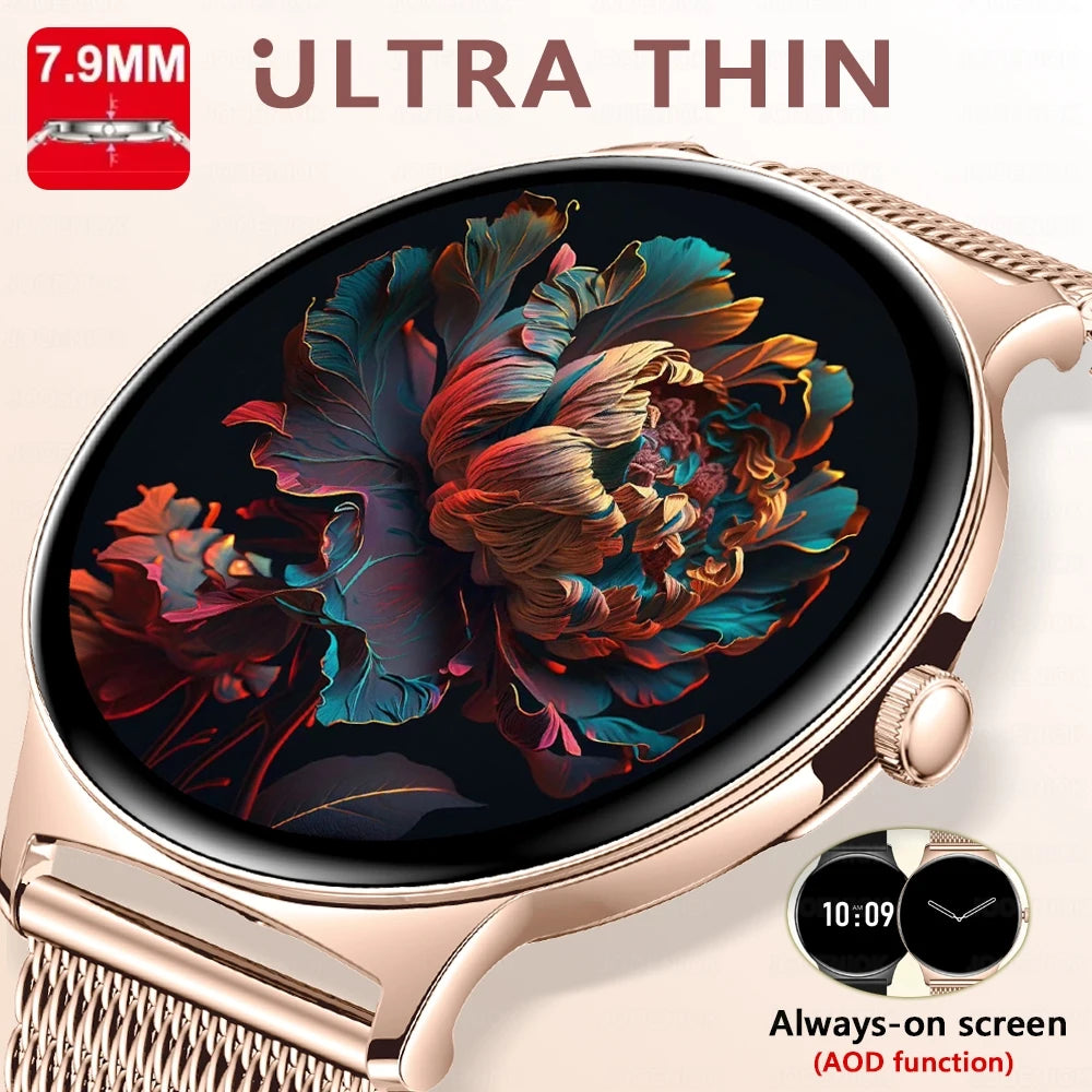 Nouvelle montre connectée pour femme 2026 – Ultra-fine (7,9 mm), suivi de la santé, écran « Always-On », plus de 100 modes sportifs et appels Bluetooth.