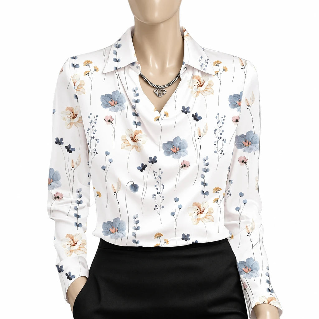 Elegant Women's Satin Shirt Blouse New Print V-neck Swing Neck Long-sleeved Solid Color Loose Shirt Casual Top Office Ladies