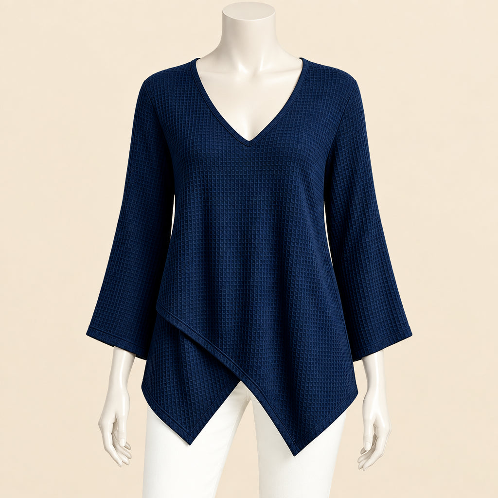 Elegant V Neck Long Sleeve Women T-Shirts Solid Color Irregular Loose Pullover Lady Tops Female Oversized Shirt Blue